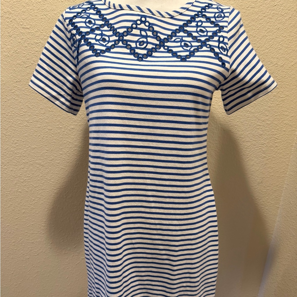 Joules Riviera Blue and White Cotton Tee Dress with Eyelet Detail